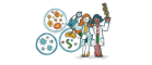 Two cartoon female scientists and three petri dishes. 