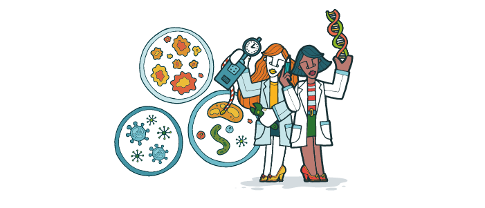 Two cartoon female scientists and three petri dishes. 