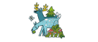 Two cartoon deer with trees behind then and a bush in front of them. 