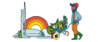 Cartoon of Glasgow Science Centre on the left and a man pushing a wheelbarrow with plants in it on the right. 