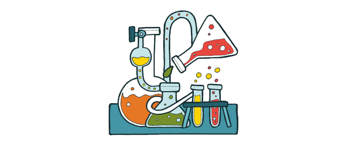 A selection of cartoon chemistry equipment such as flasks and test tubes.