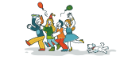 Four cartoon people and a dog in a conga line with party hats and balloons. 