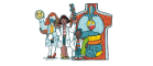 Two cartoon female scientist and a small child. 