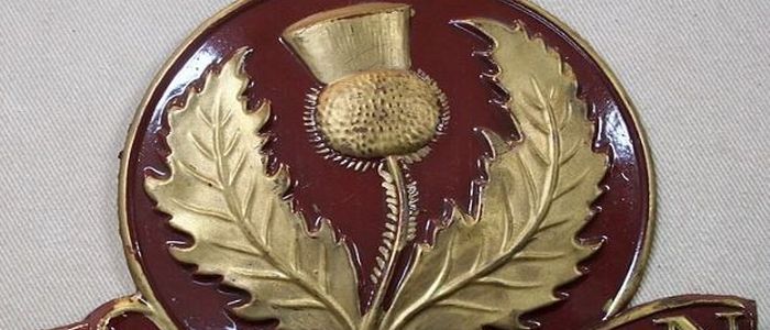 Red and gilt metal outline of a thistle