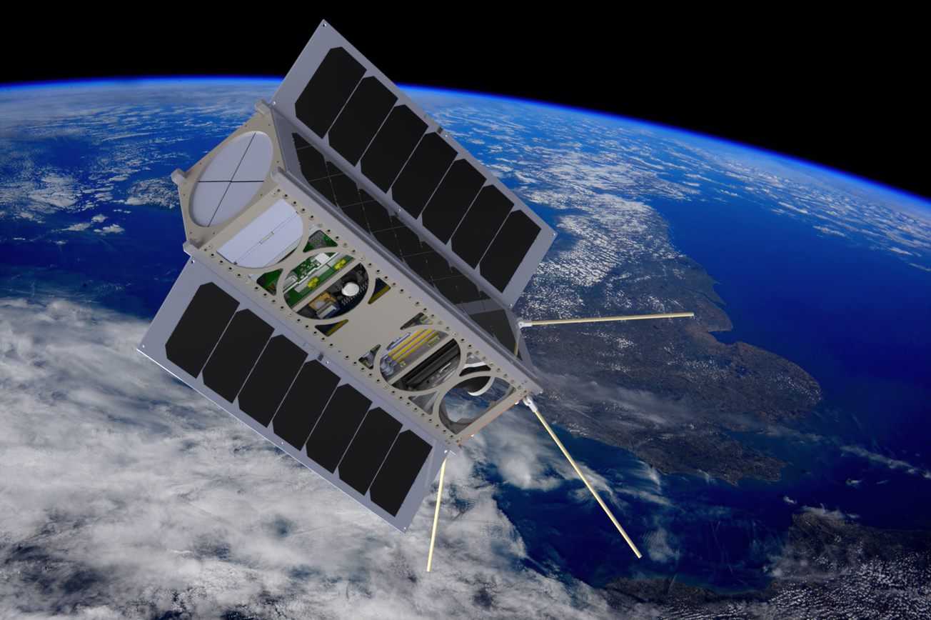 An artist's impression of OirthirSAT in orbit over the UK