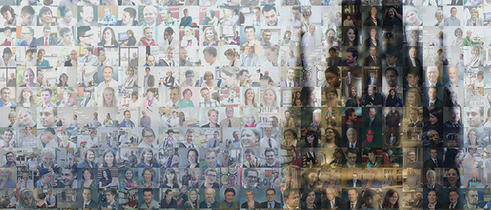 Collage of University tower made up of staff faces