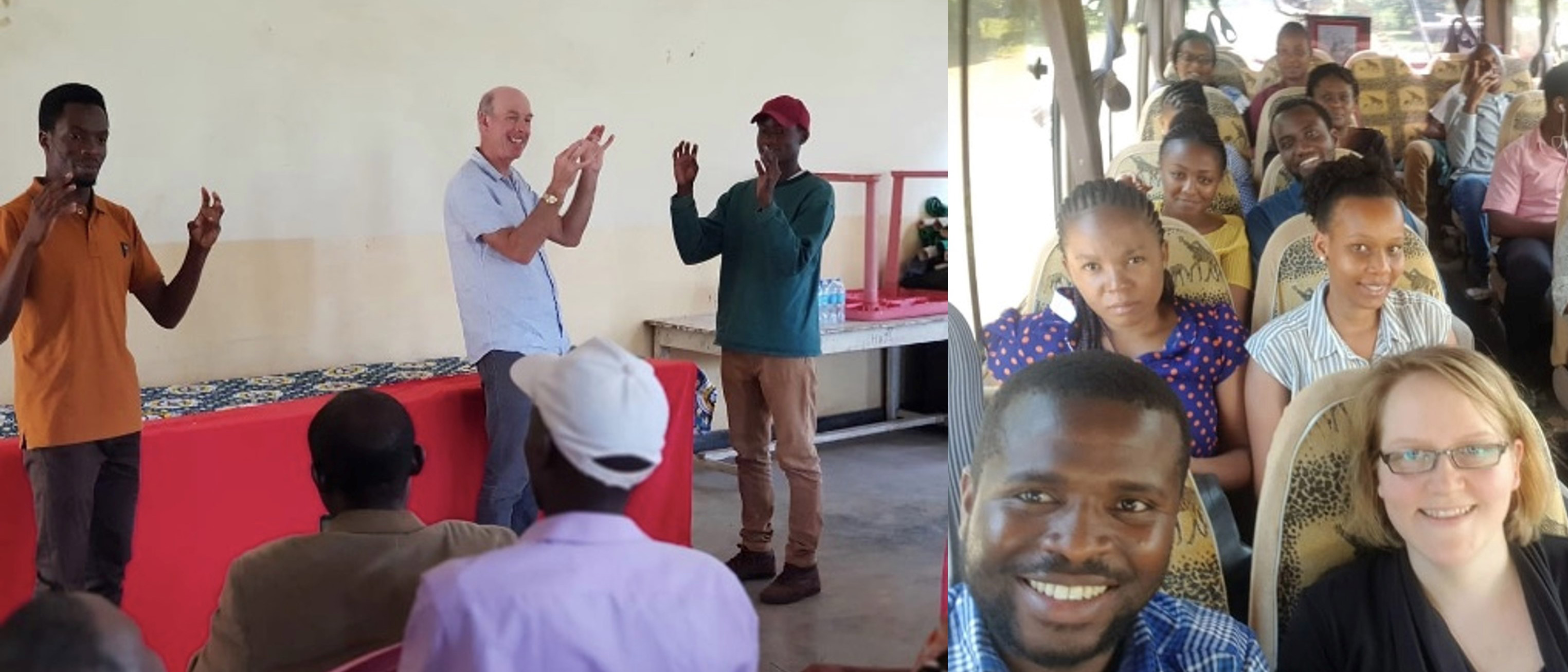 Left photo is three people presenting to a group. Right photo is people on a bus.