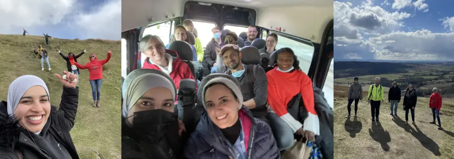 A collage of three images of CCSE members at Campsie Glen. Two images show CCSE members celebrating their climb and the central image shows all the members on the bus leaving Campsie Glen