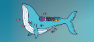 Illustration of a squid, whale and fish in an underwater scene.