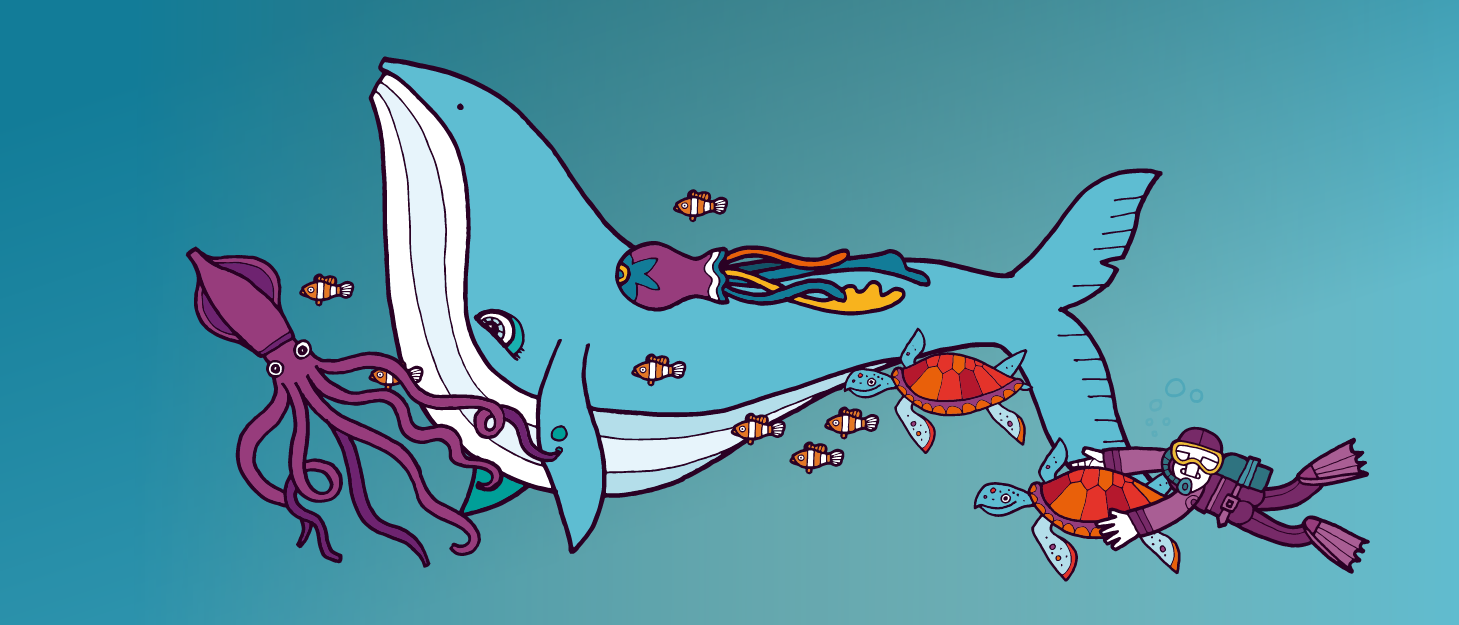 Illustration of a squid, whale, fish, turtles and a diver in an underwater scene. 
