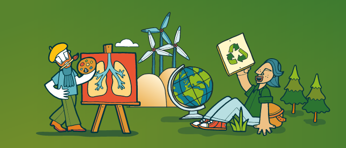 Illustration of an artist painting on an easel and a person holding a eco sign with wind turbines and trees in the background.