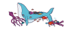 Illustration of a squid, whale, fish, turtles and a diver in an underwater scene. 