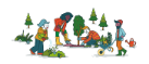 Several cartoon people gardening 