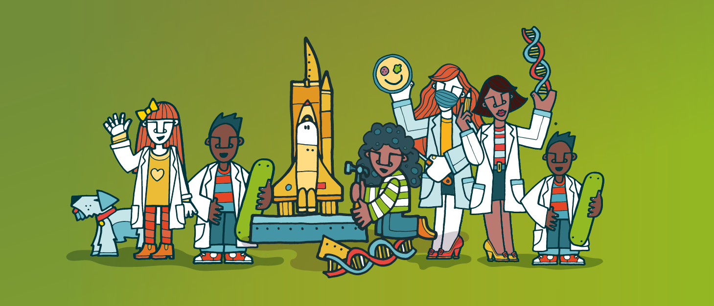 Cartoon characters doing various activities, and young girl building rocket model and. 