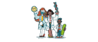 Two cartoon female scientists and small boy wearing a lab coat. 