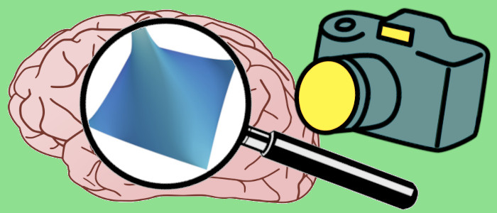 Drawing of a brain with magnifying glass and camera