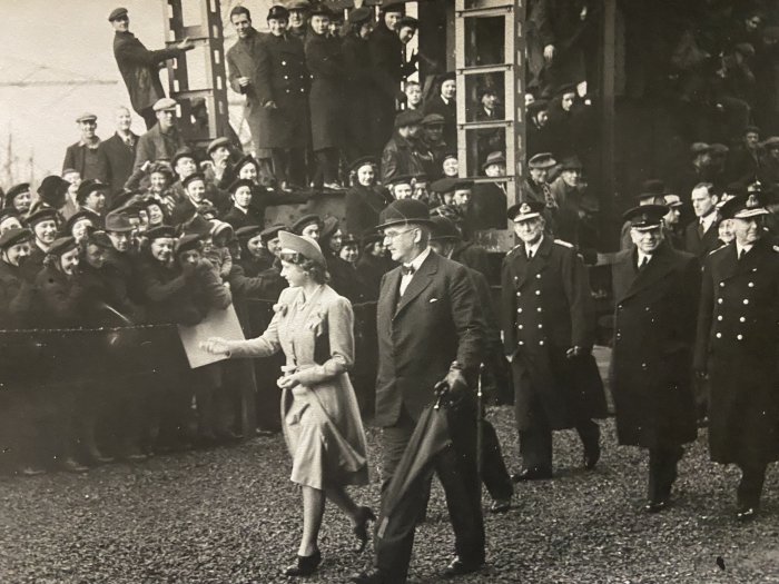 Launch of Vanguard 1944. Crowd scene on dockside