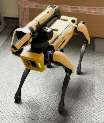 Spot the Boston Dynamics Robot Dog crouching ready to strike