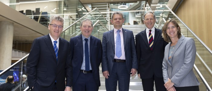 (l-r) Prof Sir David MacMillan, Prof Andrew Tobin, Prof Sir Anton Muscatelli, Dr Alasdair Shaw, Dame Katherine Grainger