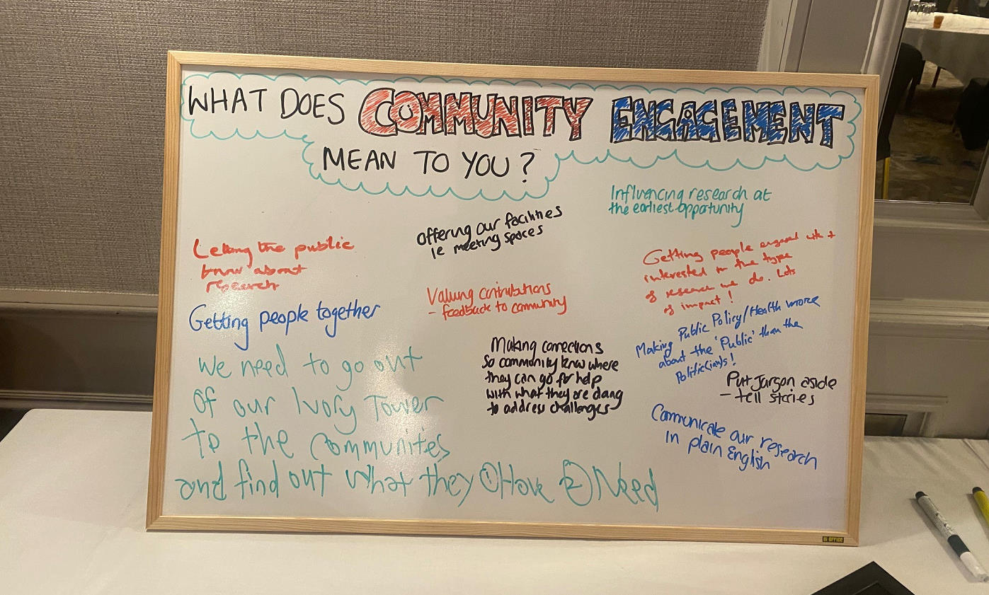 Photo of a whiteboard with notes about community engagement