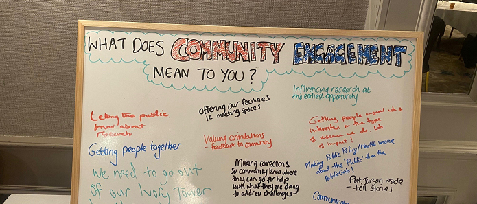 Photo of whiteboard with notes about community engagement