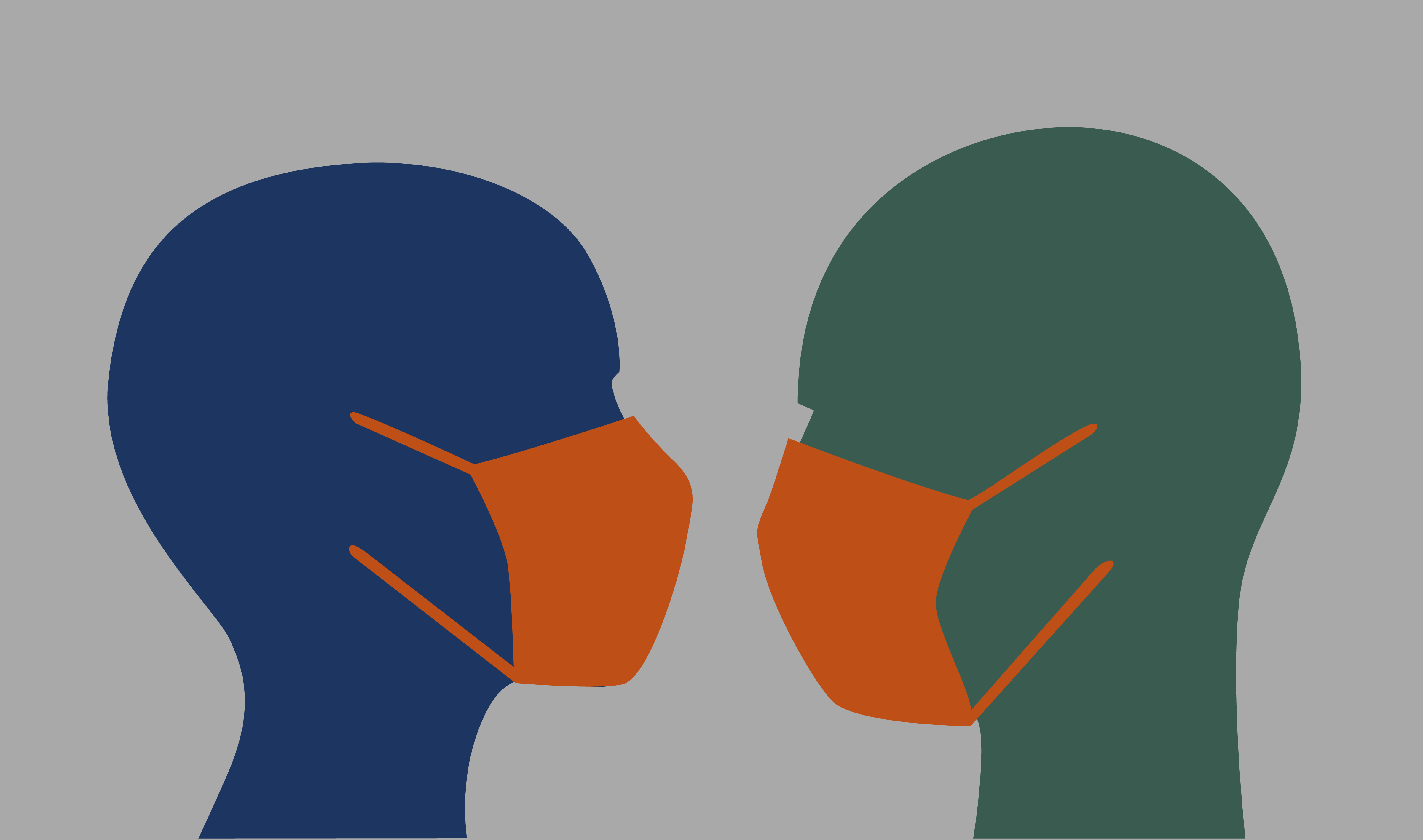 An illustration of the silhouette of 2 heads facing each other. They are both wearing surgical masks.
