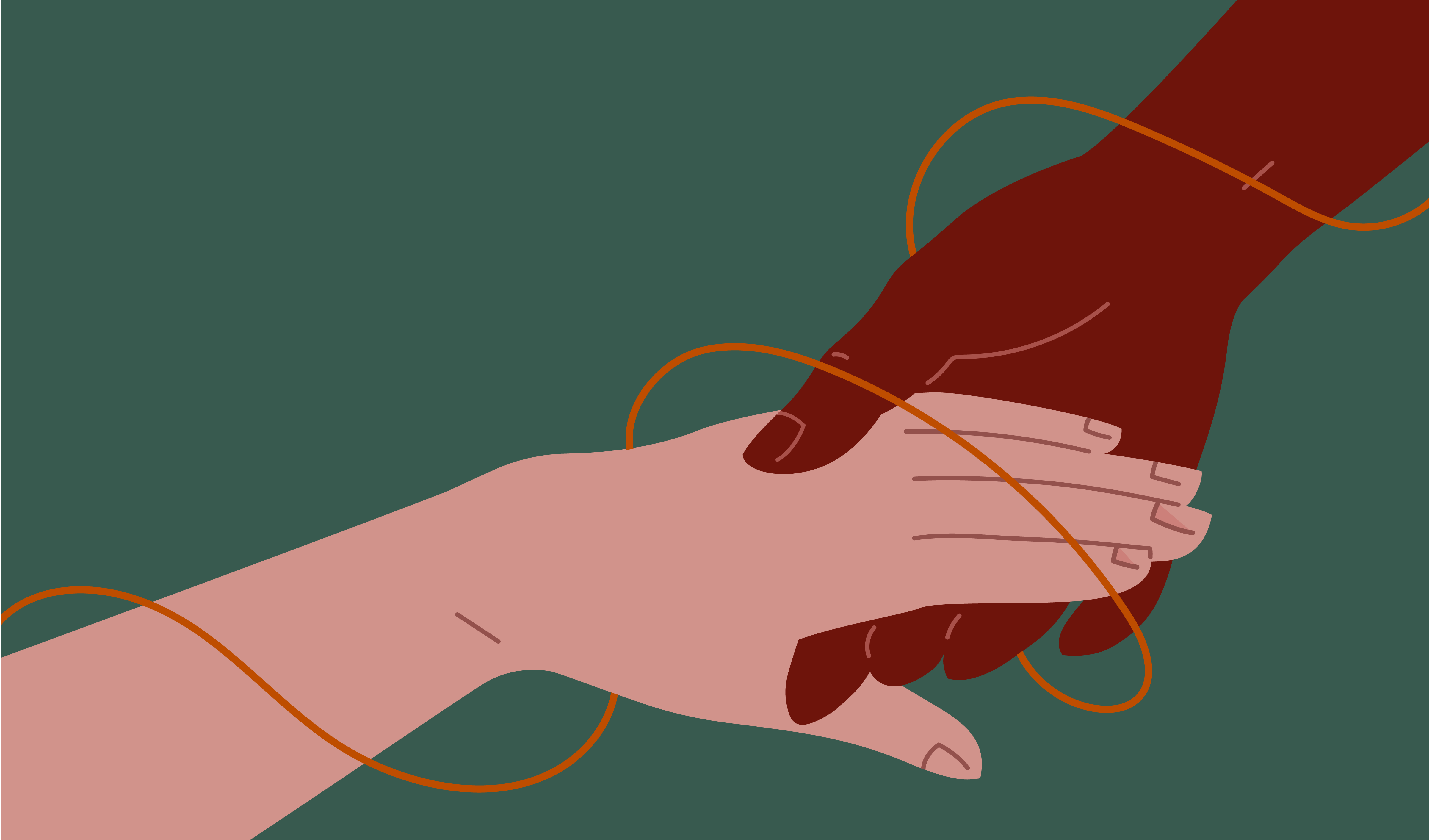 An illustration of 2 hands holding each other. A line/thread wraps around both hands.