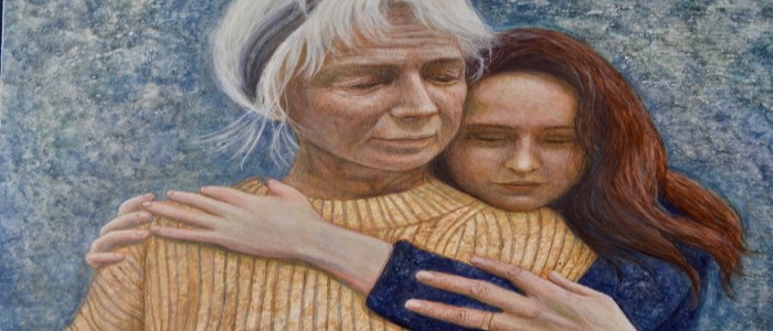 An painting of a Ukraine mother and daughter by Hannah Rose Thomas 
