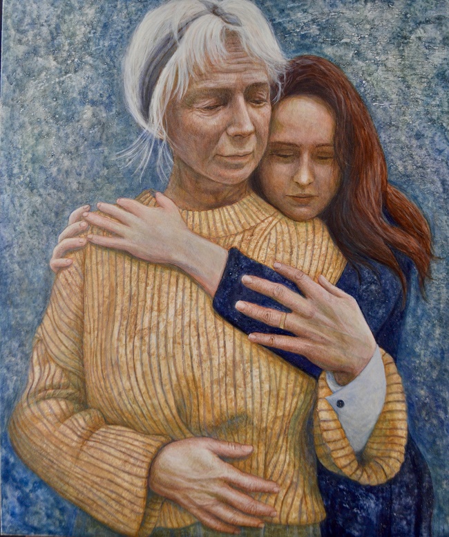 A painting of a Ukraine mother and daughter by Hannah Rose Thomas 