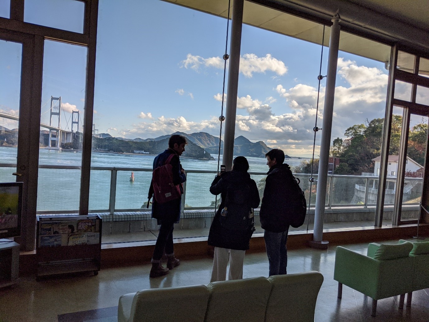 A view of the world's longest suspension bridge structure in Shikoku through windows
