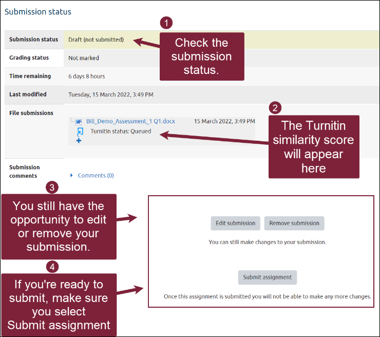Moodle graphical user interface showing steps to submit an assignment