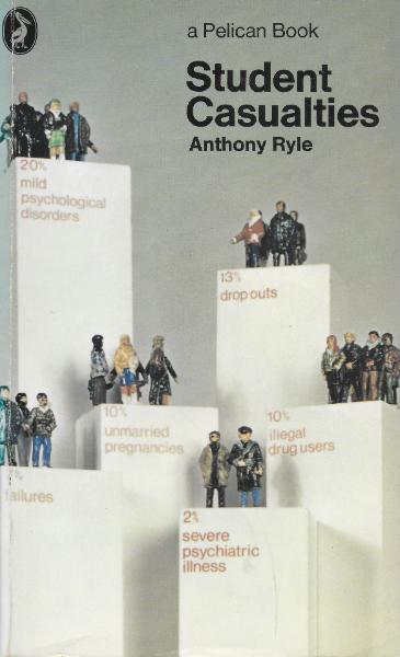 Book cover for Student Casualties showing labelled pillars with figurines on top representing different prevalence of various student problems.