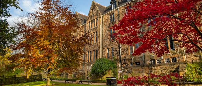 The back of the School of Law on to Professors' Walk with trees with red leaves