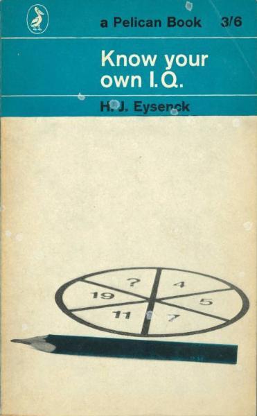 Blue and white book cover for Know Your Own IQ showing image of pencil and IQ test question. 