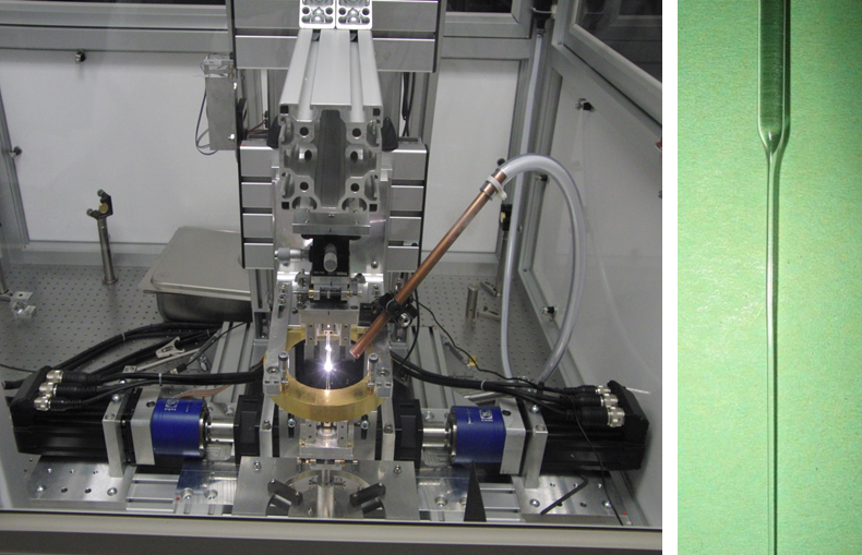 Left: Fused silica pulling machine installed at LIGO Hanford. Right: A typical Advanced LIGO fibre.