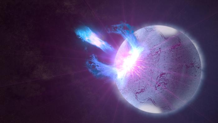 Artist's rendering of a rupture in the crust of a highly magnetized neutron star. (Goddard Space Flight Center/S. Wiessinger)