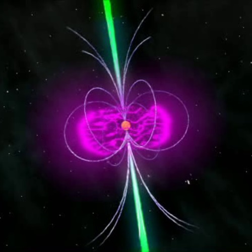 Impression of a pulsar, with radio emission in green and gamma ray emission in magenta (NASA/Fermi/Cruz deWilde)