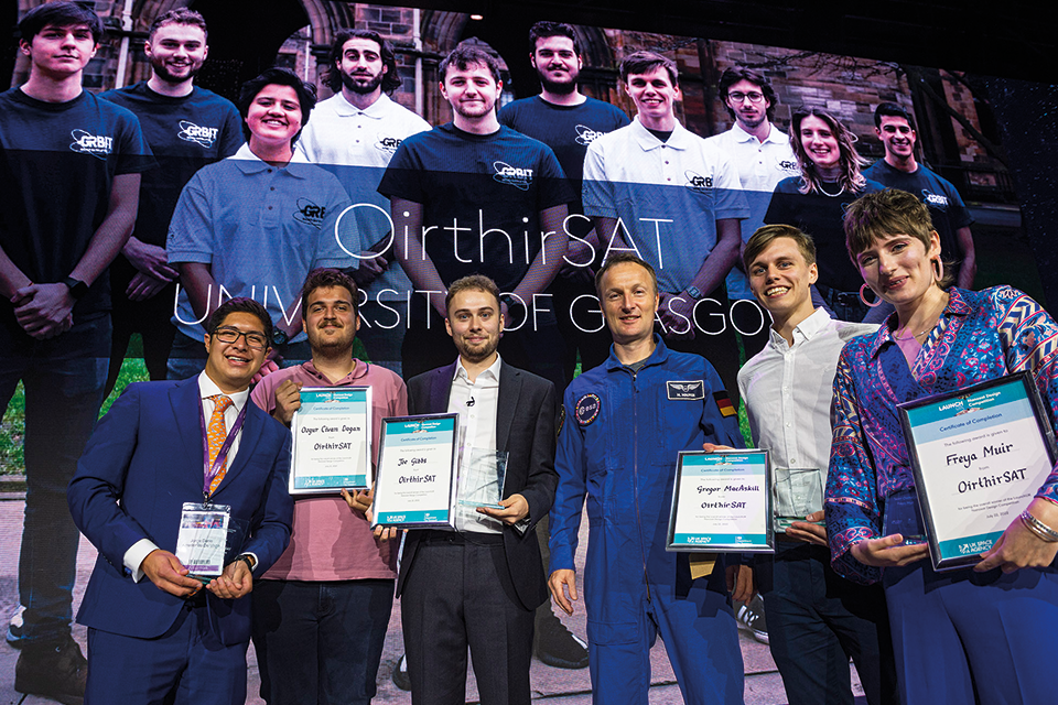 Members of the OirthirSAT team, from the University of Glasgow, with European Space Agency astronaut Matthias Maurer at the Farnborough International Airshow. Credit: UK Space Agency