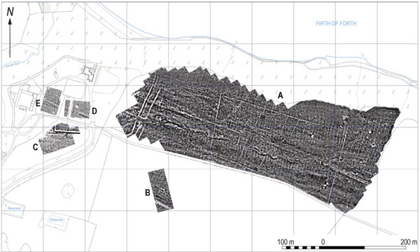 Magnetic survey at Carriden. The ditch system of the fort can be seen at the western end of the large surveyed area in which the (post-) Medieval field system can be seen.