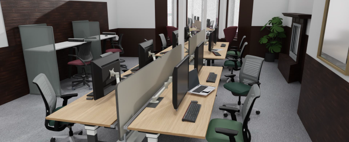 Artist impression of a shared office space with desk, chairs, computers