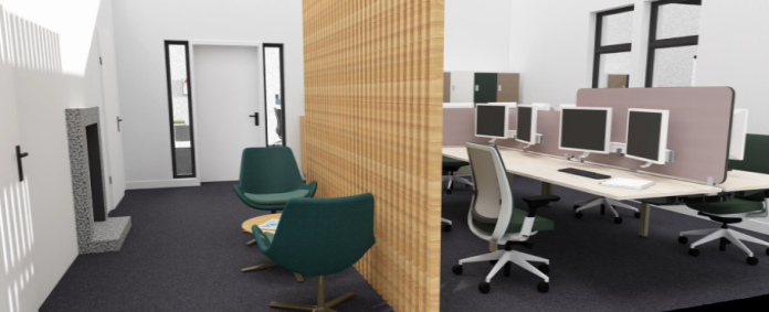 for decorative use only - image of workspace breakout space on left with room divider to right then desk space beyond