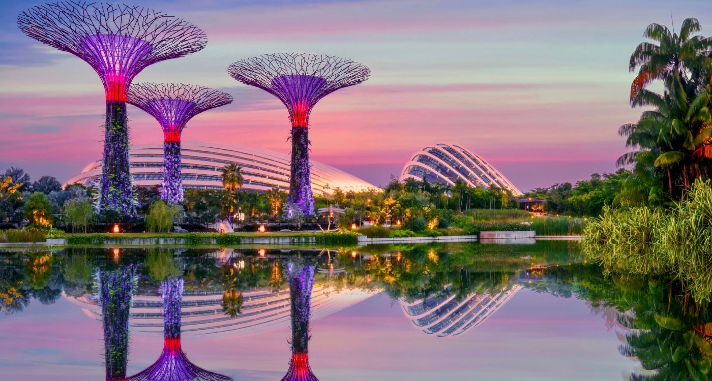 Evening view of three Supertrees at Gardens by the Bay, with Flower Dome and Cloud Forest in the background, and reflections in the water [Photo: Shutterstock]