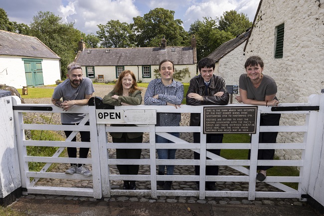 Left to right Lee McQueen, Project Office at Ellisland; Joan McAlpine, the Business Development Manager of the Robert Burns Ellisland Trust; Bailey Hodgson, the University of Glasgow Minecraft Society’s President; Dr Timothy Peacock, co-director of  the University of Glasgow Game and Gaming Lab and Sarah Macdonald of the South of Scotland Destination Alliance. Photo Credit Martin Shields