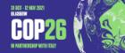 The word 'COP26' in white and pale green on a blue background. Above is '31 Oct - 12 Nov 2021. Glasgow.' Underneath is ' In partnership with Italy'. To the right is a stylised image of the earth with swirly 'marbled' patterns in green, white and blue