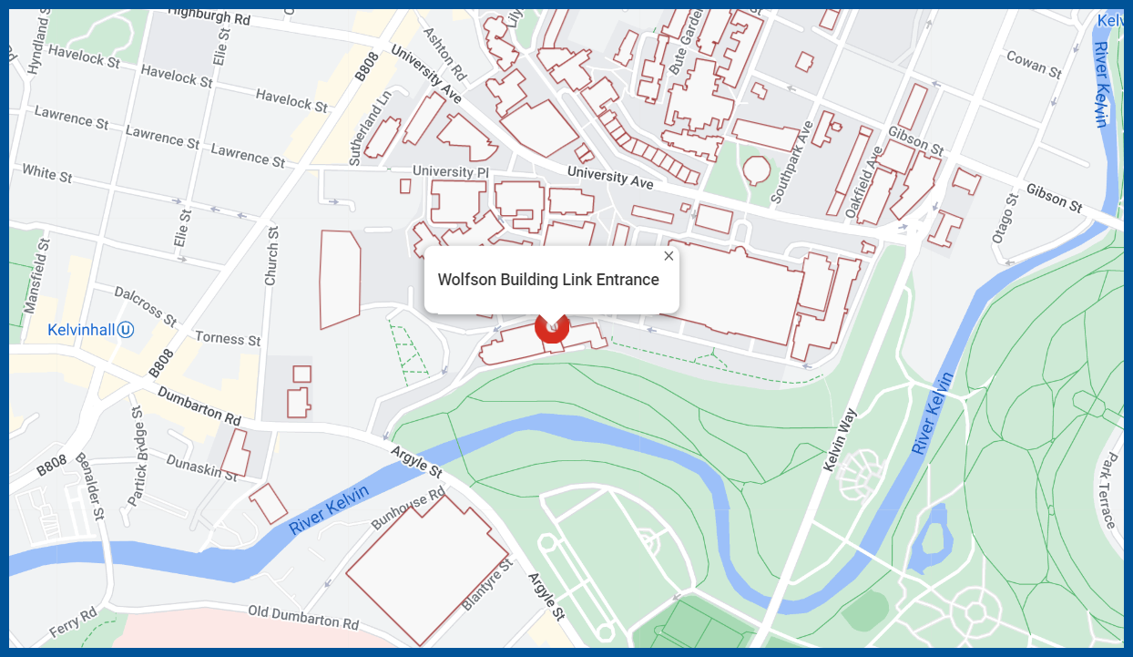 A screenshot of the campus map showing the location of the Wolfson Building Link