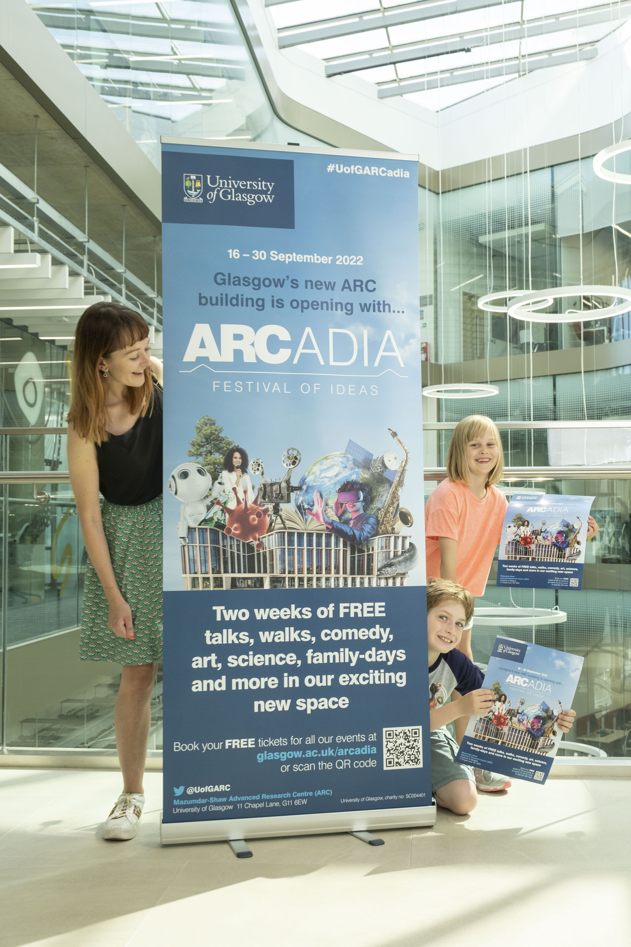 ARCadia Festival Manager Dr Zara Gladman, of the University of Glasgow, joins local children Elliot James and Elsie Tyler to celebrate the launch of the ARCadia Festival of Ideas at the Mazumdar-Shaw Advanced Research Centre