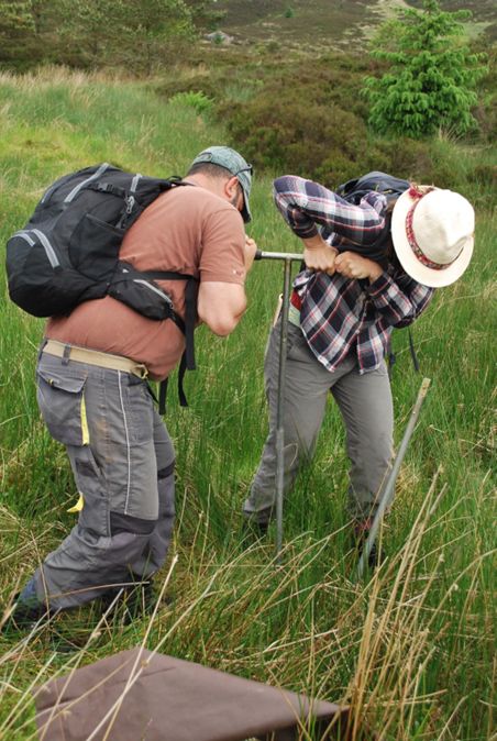 Archaeology technician Aristotelis Palyvos and Amy Clarkson demonstrating the physical power needed to get the Russian corer through the layer of peat. 