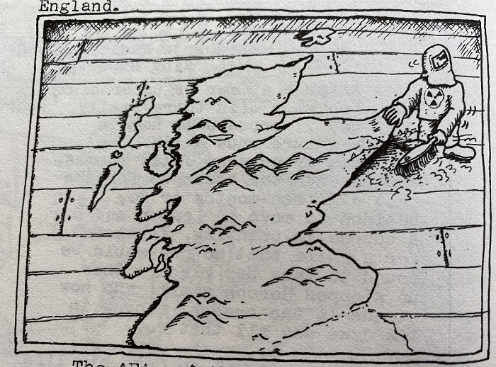 Black and white cartoon showing a person in a nuclear hazard suit with a radioactive symbol on the helmet lifting up the north eastern edge of Scotland and sweeping dust under it. Source: Aether magazine vol 5.2, 1980, Scottish Political Archive  