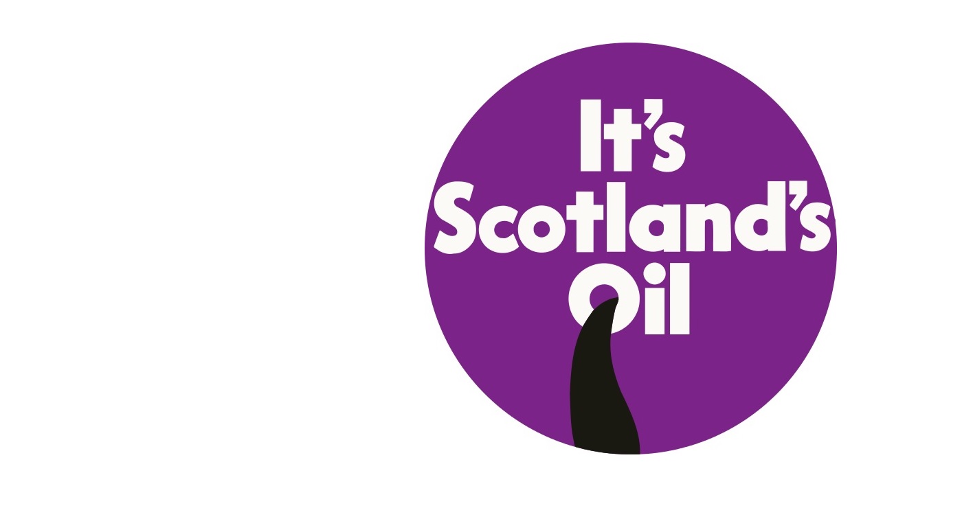 Logo with a purple circle, with the text 'It's Scotland's Oil' and a black shape to represent oil flowing from the centre of the 'o' in oil to the bottom of the circle. Source: Wikimedia Commons https://commons.wikimedia.org/wiki/File:It%27s_Scotland%27s_Oil_Badge.svg