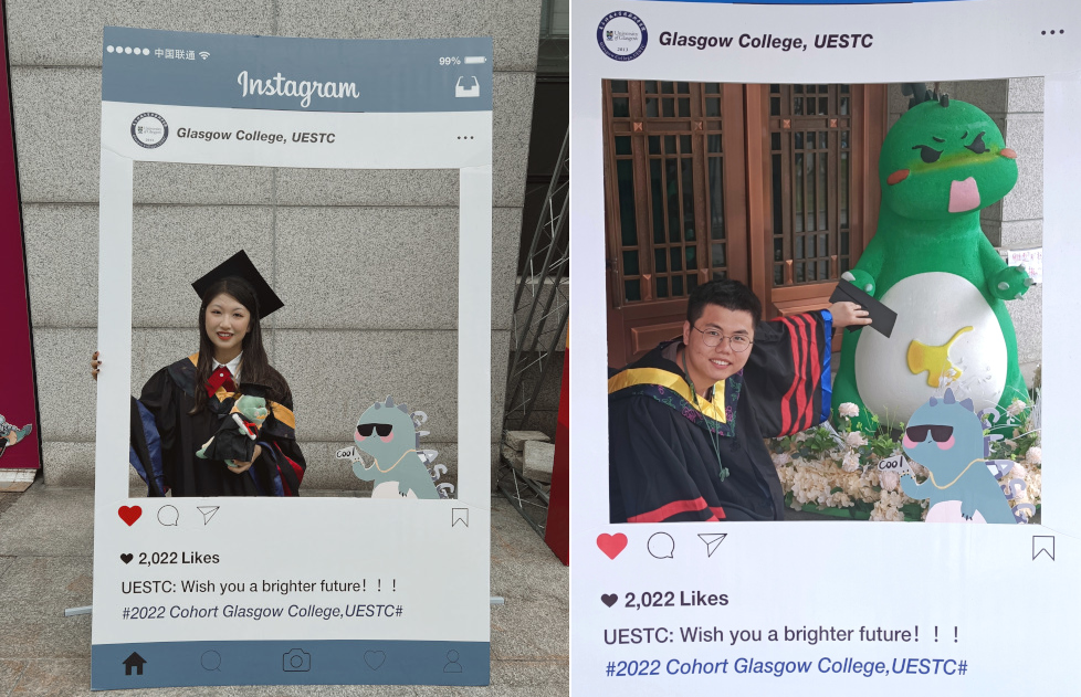 Two 2022 GC-UESTC graduating students with mascots